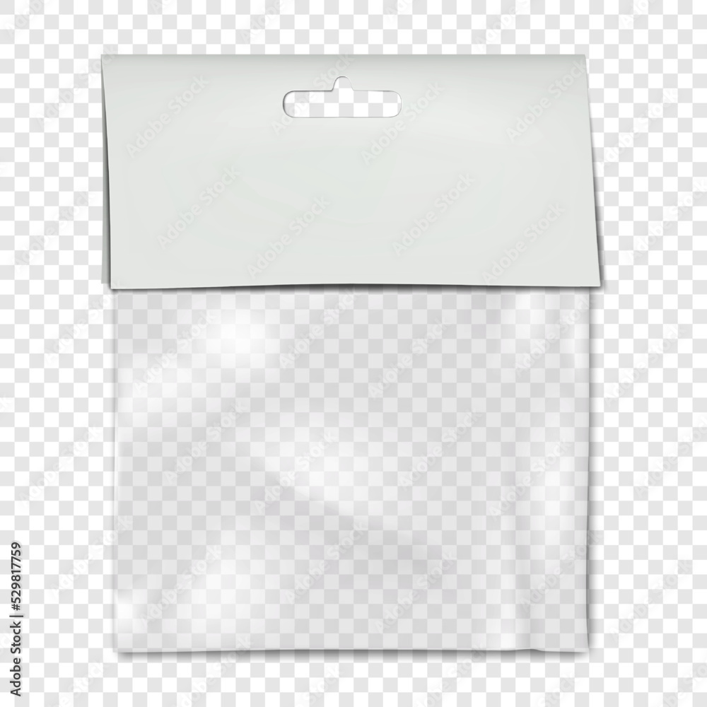 Empty square clear plastic pouch bag with white blank paper top