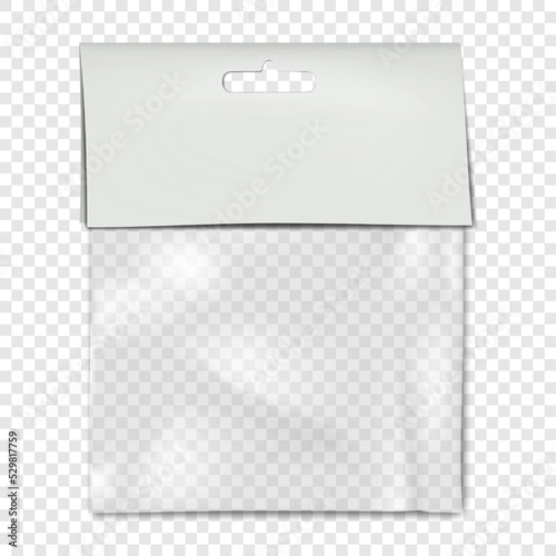 Empty square clear plastic pouch bag with white blank paper top and euro slot mockup. Hanging transparent nylon package vector mock-up