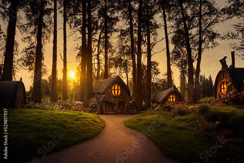 Hobbit houses in sunset scene.3d illustration photo