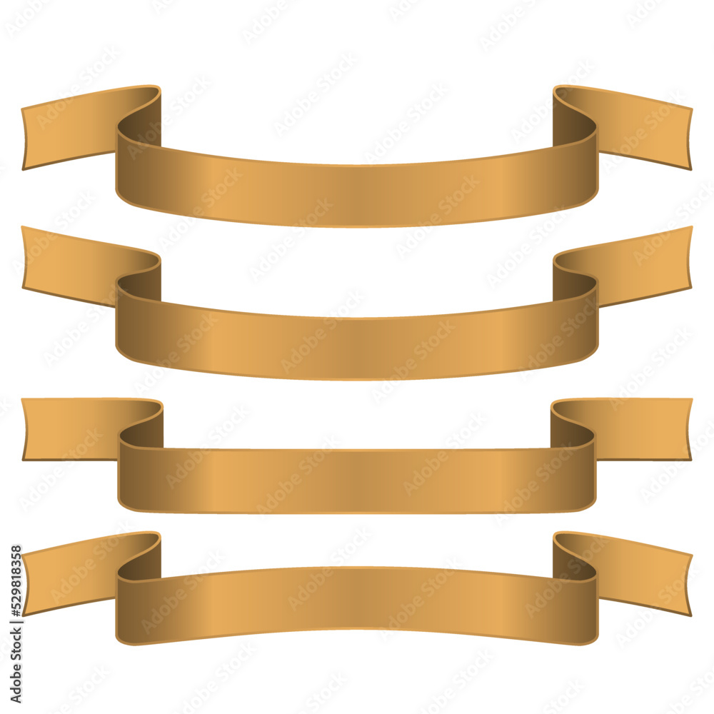 A set of award ribbons in gold color on a white background