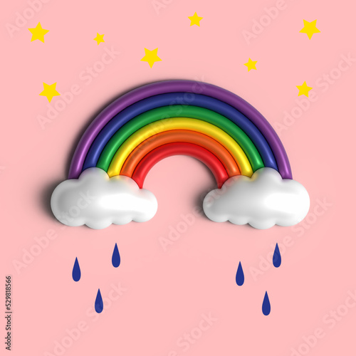 Cartoon 3d rainbow with clouds, stars and raindrops on a pink background