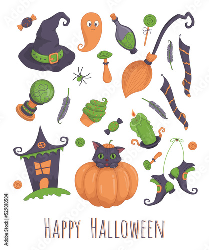 Happy Halloween set. Postcard. Vector illustration.