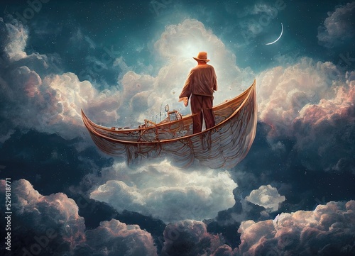Fototapeta Digital art of magician with cowl in a boat, 3d illustration