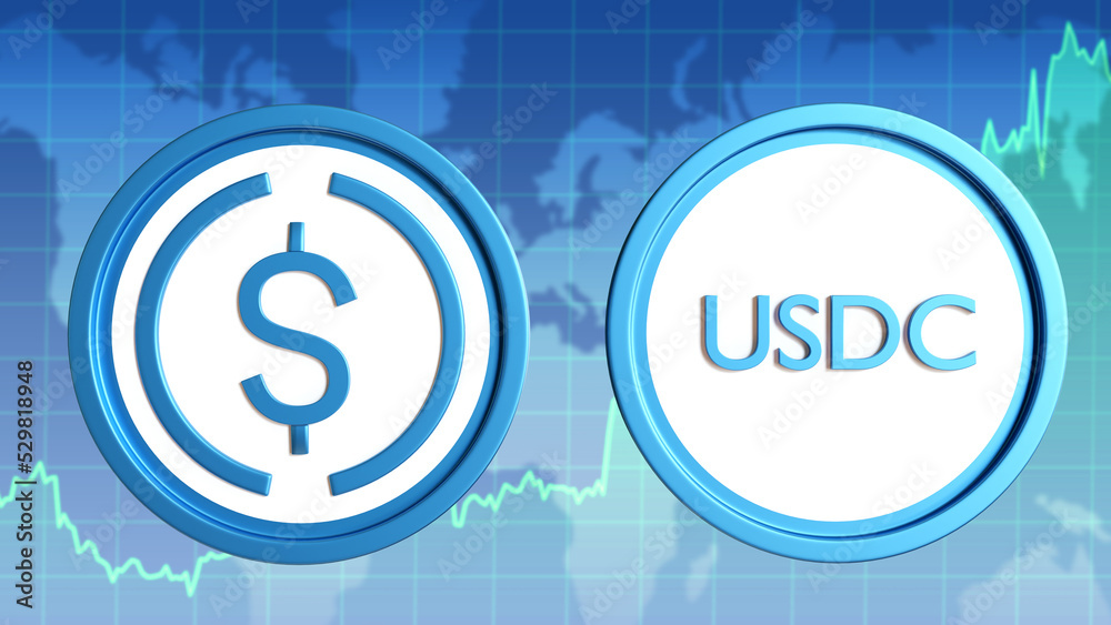 Fototapeta premium USDC stablecoin. USD Coin trading chart. Investments in cryptocurrency. Buy stable digital money. USDC logo in front growth chart. USDC technology for pay. Blockchain dollar and world map. 3d image