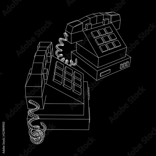 Old retro landline telephone. Wireframe vector