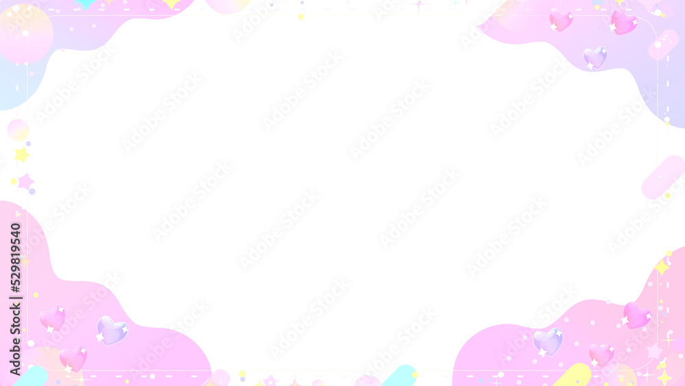 Soft pastel gradient frame with bling bling hearts, stars, rounded rectangles, and colorful gradient circles on a transparent background.