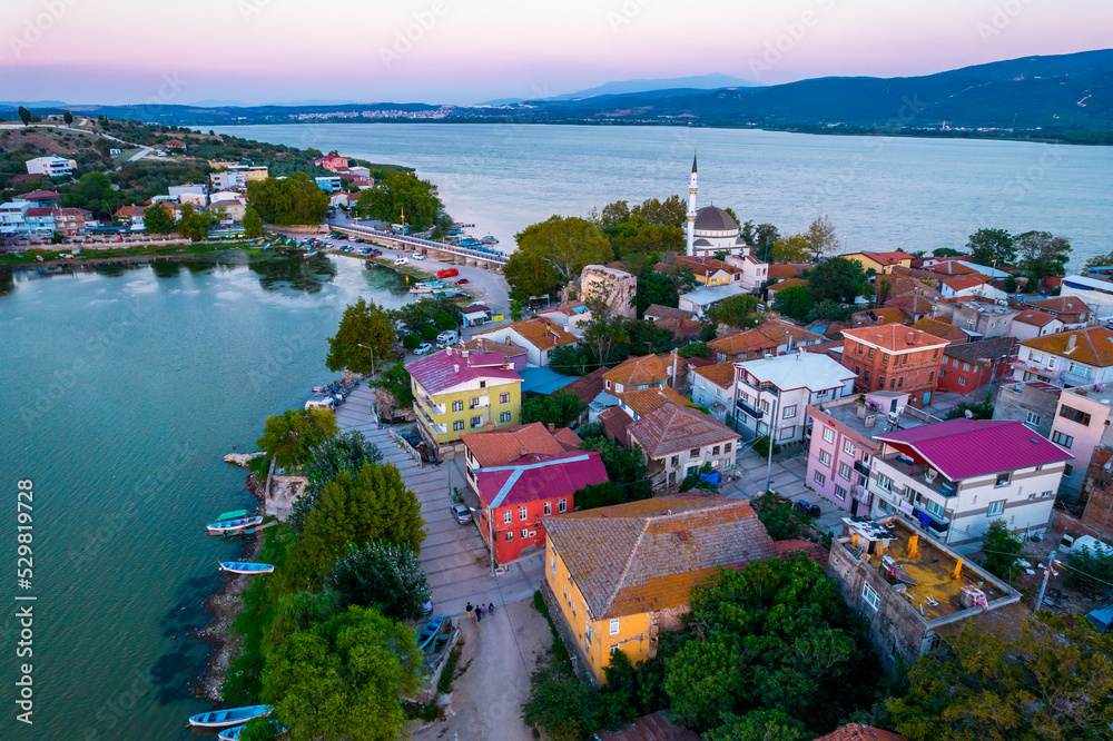 GOLYAZI, BURSA, TURKEY. Golyazi is a town founded on a peninsula on Lake Uluabat. Aerial view with drone.