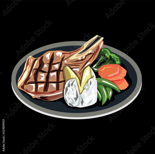 Vector Illustration Pork Steak ,Pork Steak Pork Chop with mashed potato carrots broccoli on a plate on black background.