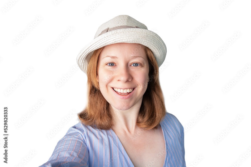 happy woman with a beautiful smile makes a selfie, a tourist in a hat is photographed, isolated on a white background, travel snapshot happy woman with a beautiful smile makes a selfie, a tourist in a hat is photographed, isolated on a white background, travel snapshot