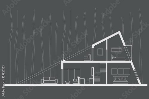 Linear architectural section plane - forest wooden cottage on gray background