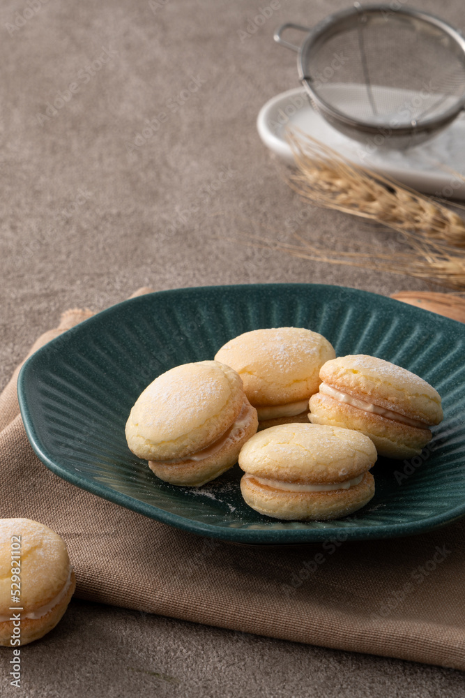 Taiwanese style traditional macaron dessert in a plate for afternoon tea. Taiwanese style traditional macaron dessert in a plate for afternoon tea.