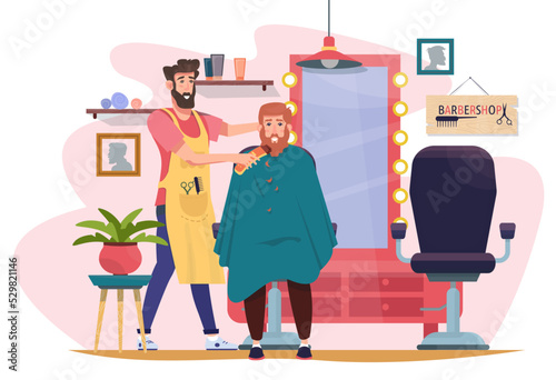 Barber trimming client’s beard with a razor. Barbershop interior. Man sitting in the chair near the mirror. Shaving. Flat vector illustration.
