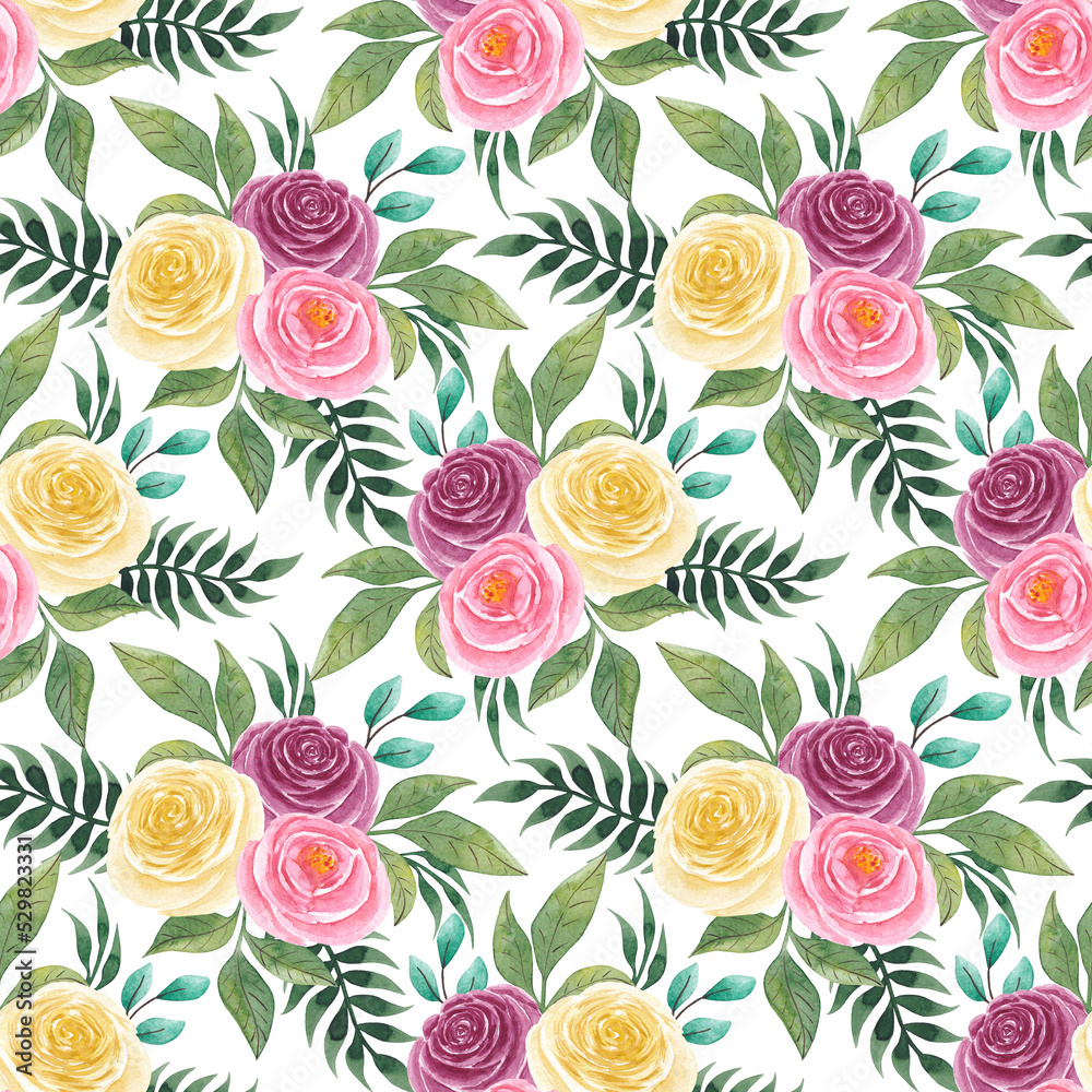 Seamless pattern of rose flowers and leaves. Watercolor illustration.