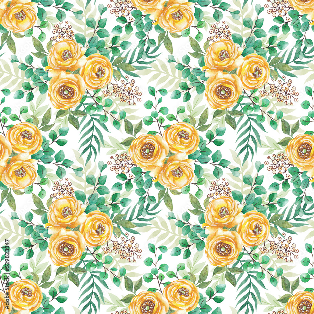 Seamless pattern of yellow rose flowers and leaves. Watercolor illustration. Seamless pattern of yellow rose flowers and leaves. Watercolor illustration.