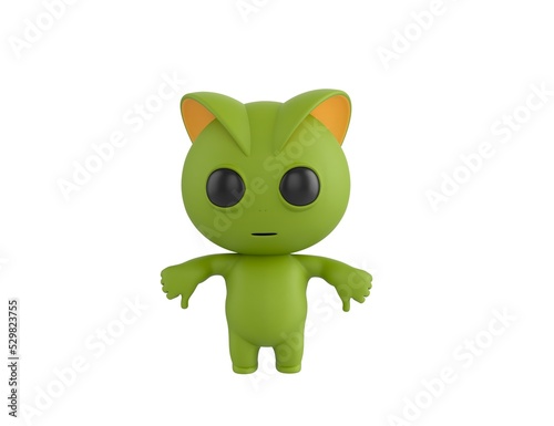 Green Monster character showing thumb down with two hands in 3d rendering.