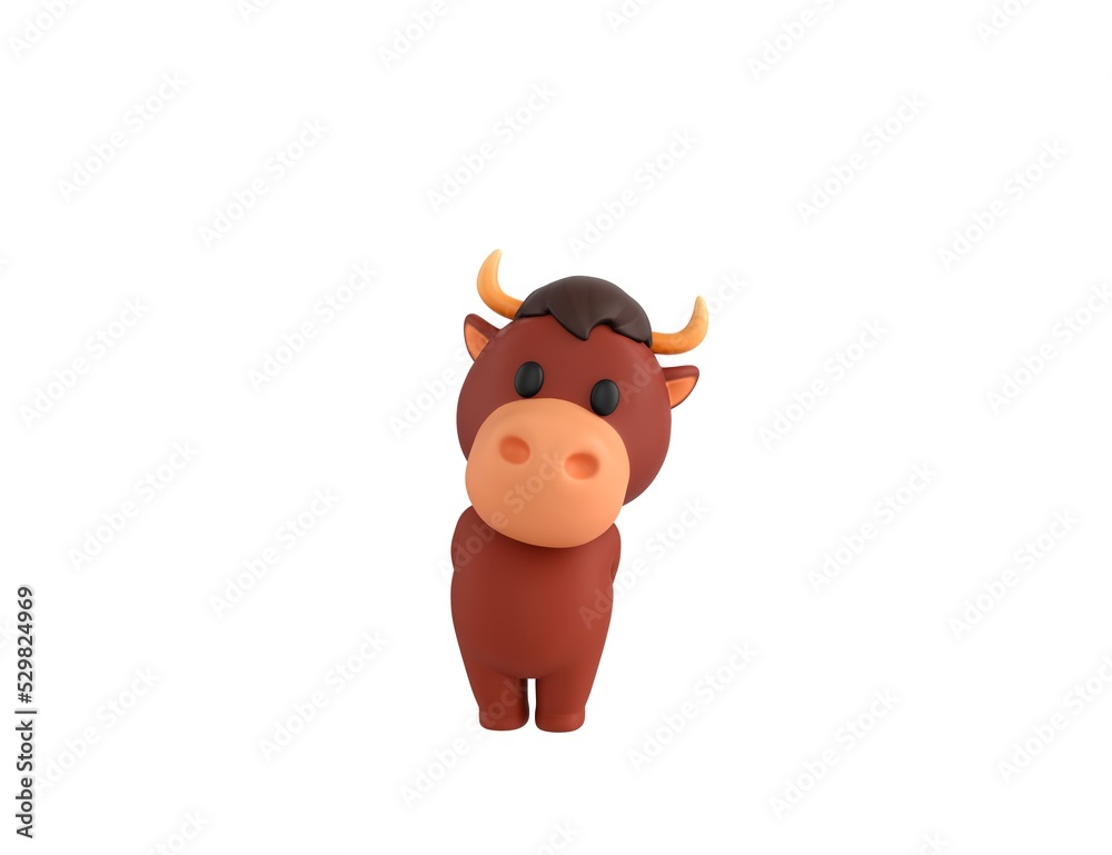 Fototapeta premium Little Bull character hides his hands behind his back in 3d rendering.