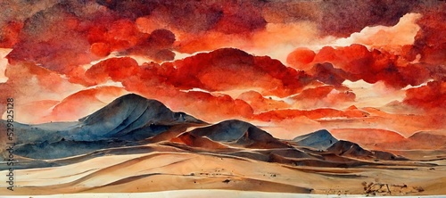 Fotografiet Sandstorm red watercolor style clouds, Sahara desert dunes arid dry landscape