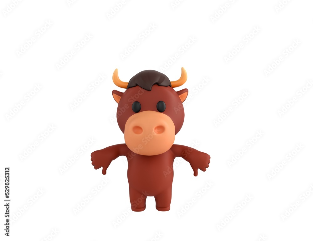 Fototapeta premium Little Bull character showing thumb down with two hands in 3d rendering.