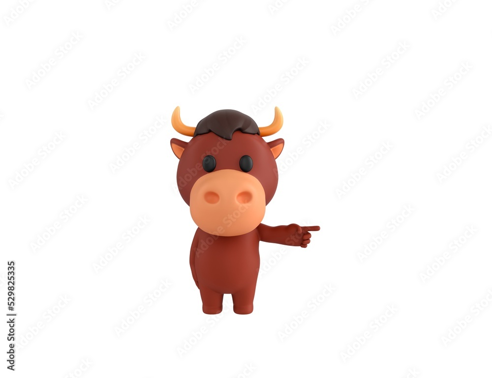 Fototapeta premium Little Bull character pointing to the right in 3d rendering.