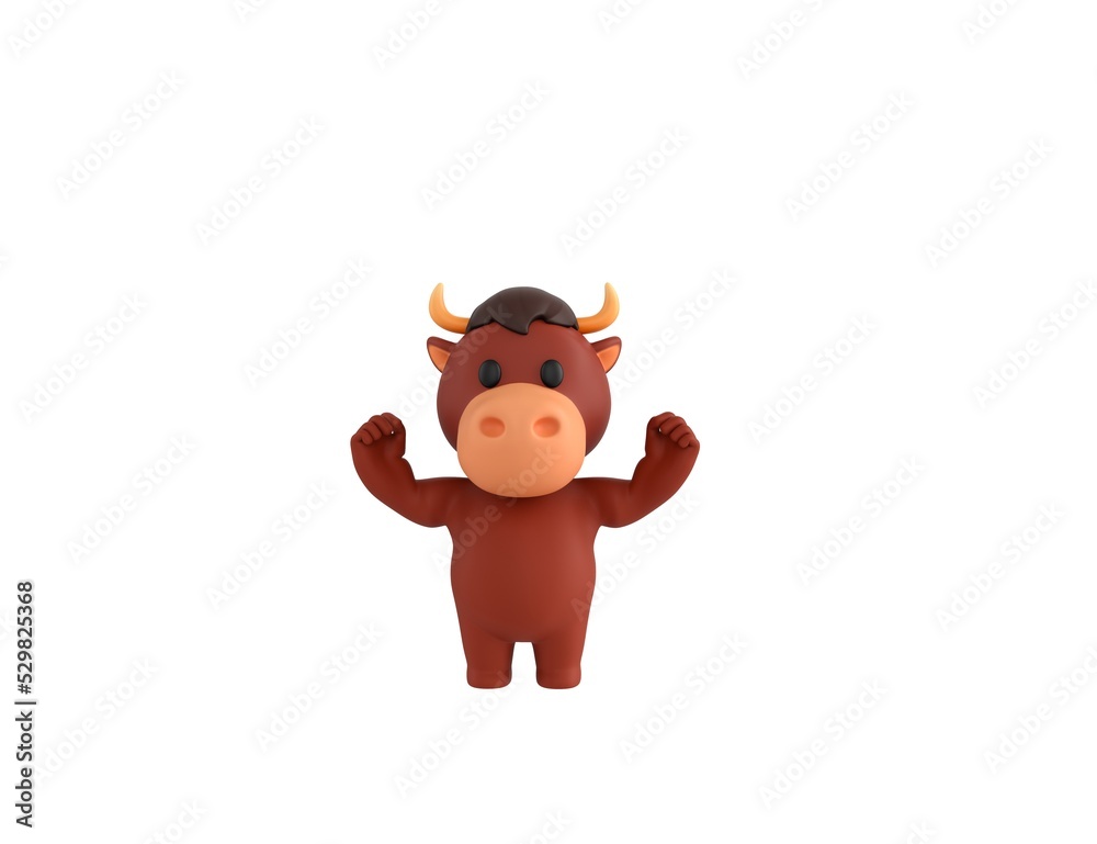 Obraz premium Little Bull character raising two fists in 3d rendering.