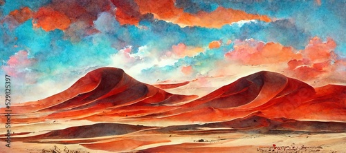 Fotografie, Obraz Sandstorm red watercolor style clouds, Sahara desert dunes arid dry landscape