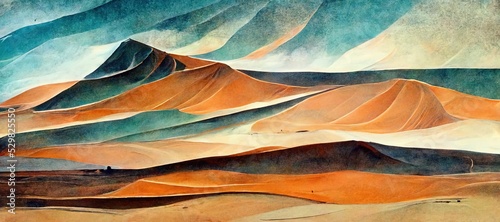 Sahara desert dunes, arid dry landscape. desolate, unexplored. Beautifully minimalistic curves and flowing sand waves - oil pastel stylized panoramic art background.