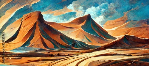 Sahara desert dunes  arid dry landscape. desolate  unexplored. Beautifully minimalistic curves and flowing sand waves - oil pastel stylized panoramic art background.