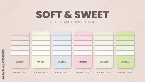 Soft and Sweet color scheme. Color Trends combinations and palette guide. Example of table color shades in RGB and HEX. Color swatch for fashion, home, interiors design 2022. Colour chart idea vector.