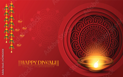 Diwali Festival banner. Realistic Diya lamps, garland of light bulbs and decorations