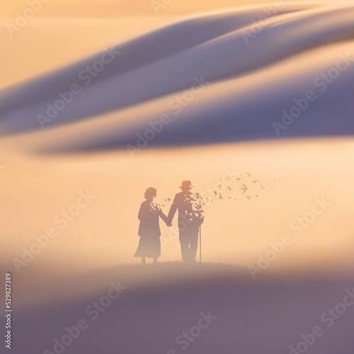 Old people in heaven. Human in paradise. Death, afterlife. Foggy cloud