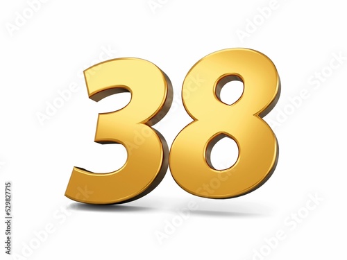 Golden 3d rendered illustration of number 38 isolated on a white background photo