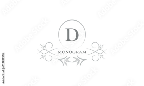 Floral monogram template and letter D. Template for cards, invitations, menus, labels. Graphic design of pages, business signs, boutiques, cafes, hotels.