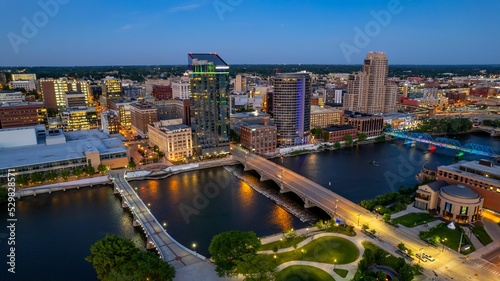 Aerial view of the downtown buildings in Grand Rapids, Michigan photo