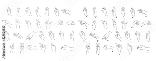 Hand sign language alphabet collection - vector line illustration