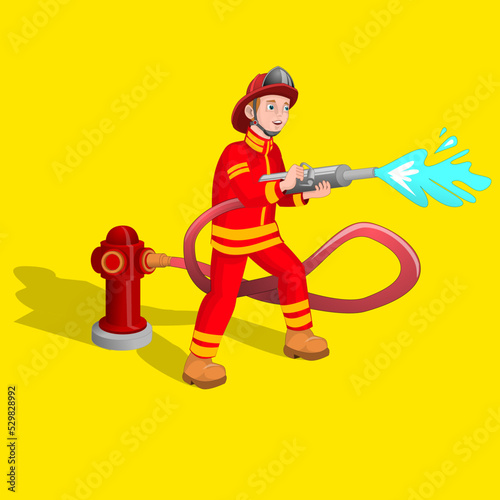 A firefighter standing while spraying water at the fire, a visual element consisting of a male character wearing a red uniform isolated on a yellow background, suitable for animation design