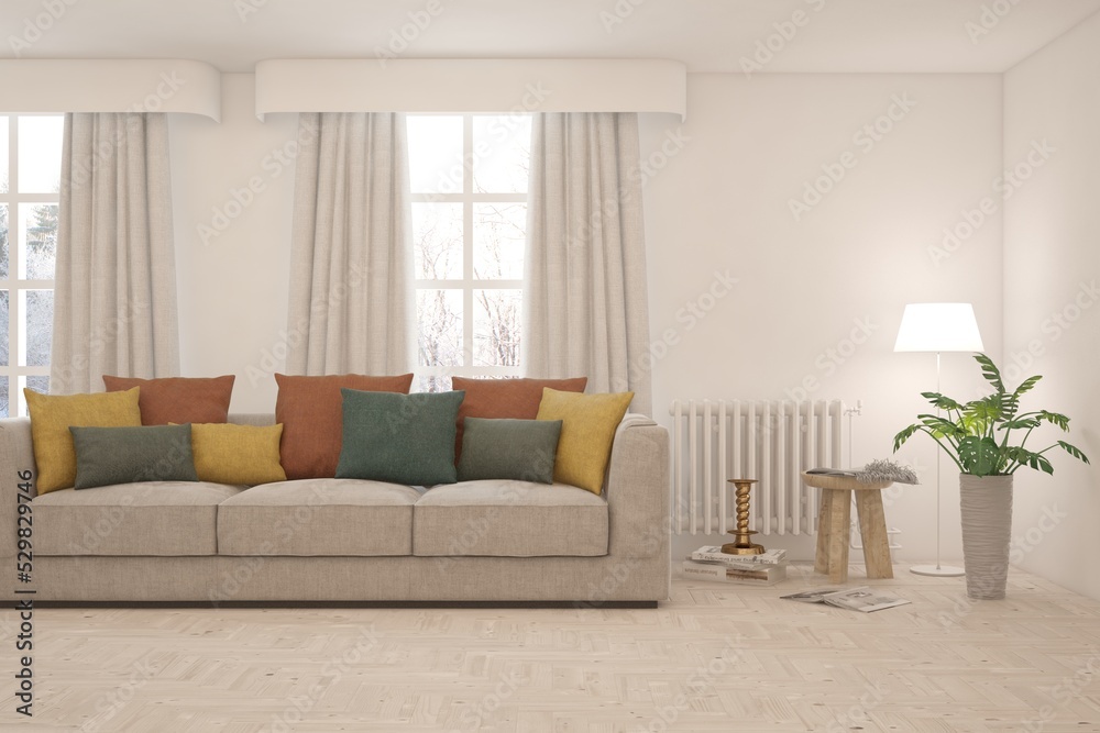 Obraz premium White living room with sofa. Scandinavian interior design. 3D illustration