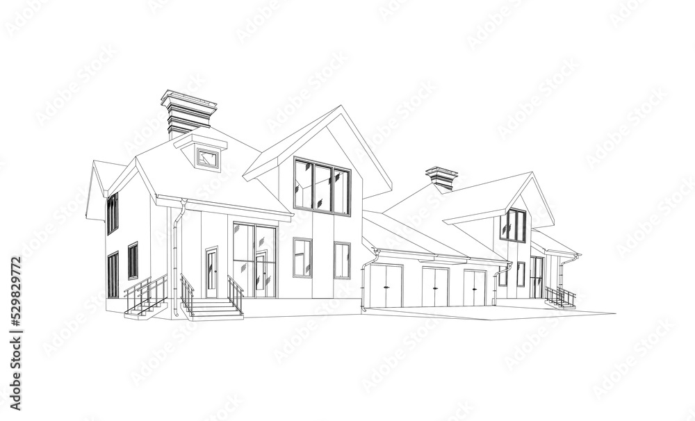 Modern building perspective 3D. Drawing of the townhouse. Outlines cottage on white background. House 3D model perspective vector. House blueprint. EPS 10. 