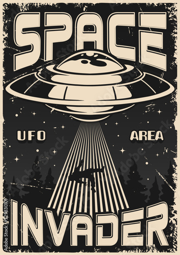 UFO kidnapping monochrome vintage poster