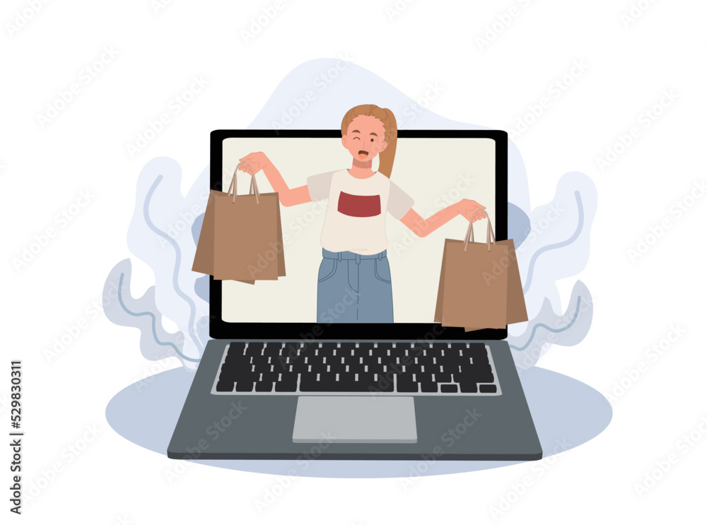 online shopping concept, e-commerce. woman with shopping bags in both hands enjoy online shopping from Laptop. flat illustration vector online shopping concept, e-commerce. woman with shopping bags in both hands enjoy online shopping from Laptop. flat illustration vector