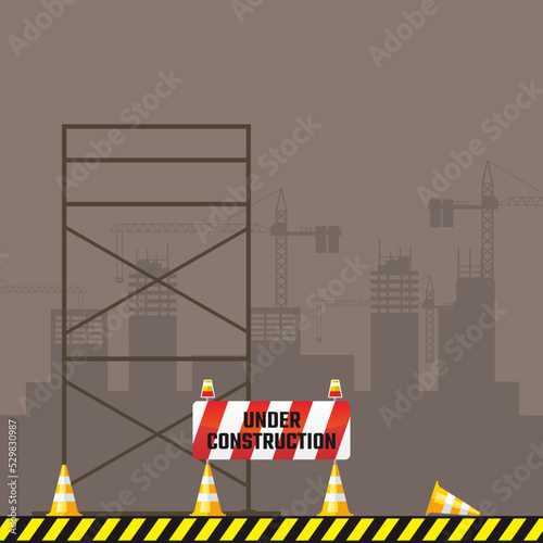 Site under construction vector illustration with road barrier and scaffolding installation.