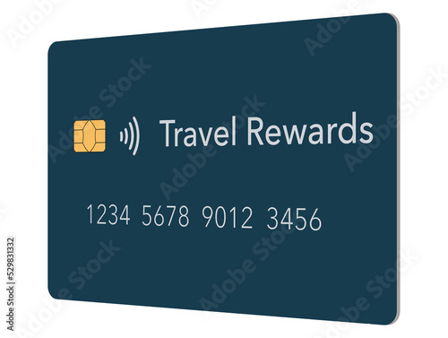 Here is a generic travel rewards credit card on a transparent background that is seen in a 3-d illustration.
