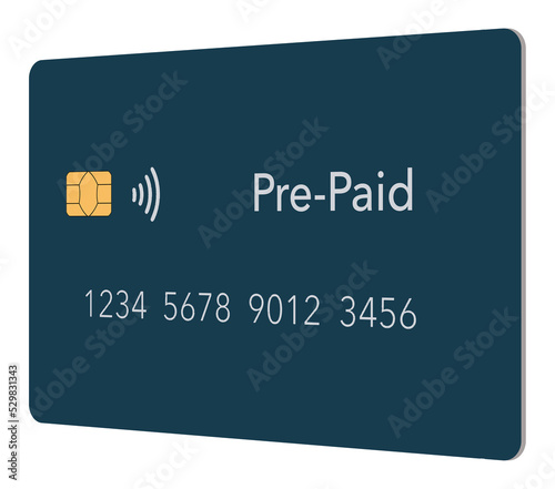 Here is a pre-paid, secure credit card on a transparent background that is seen in a 3-d illustration.