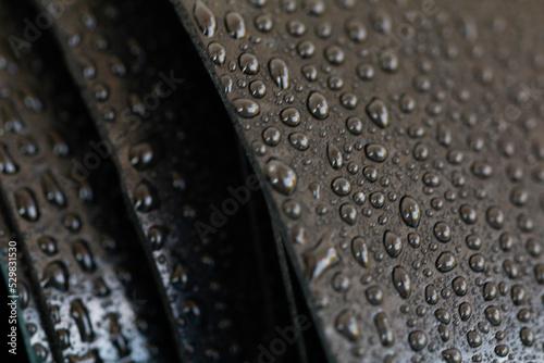 Water droplets on the rubber membrane. Waterproofing...  Close-up selective focus area.
