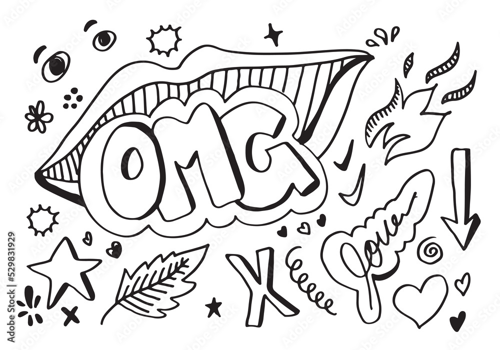 mouth with OMG text. Comic doodle sketch style.OMG icon lettering.