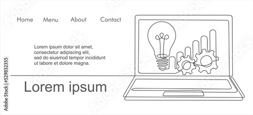 Continuous one line drawing of bulb with gears for business ideas on laptop. Illustration with quote template. Can used for logo, emblem, slide show and banner.