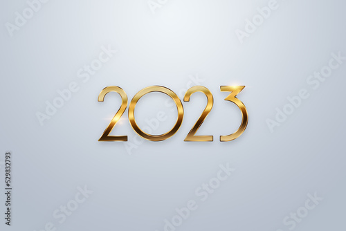 Happy new year, golden numbers 2023 on a white background. Holiday card, magazine style, banner, website header, web poster, template for advertising, poster. 3D illustration, 3D render.
