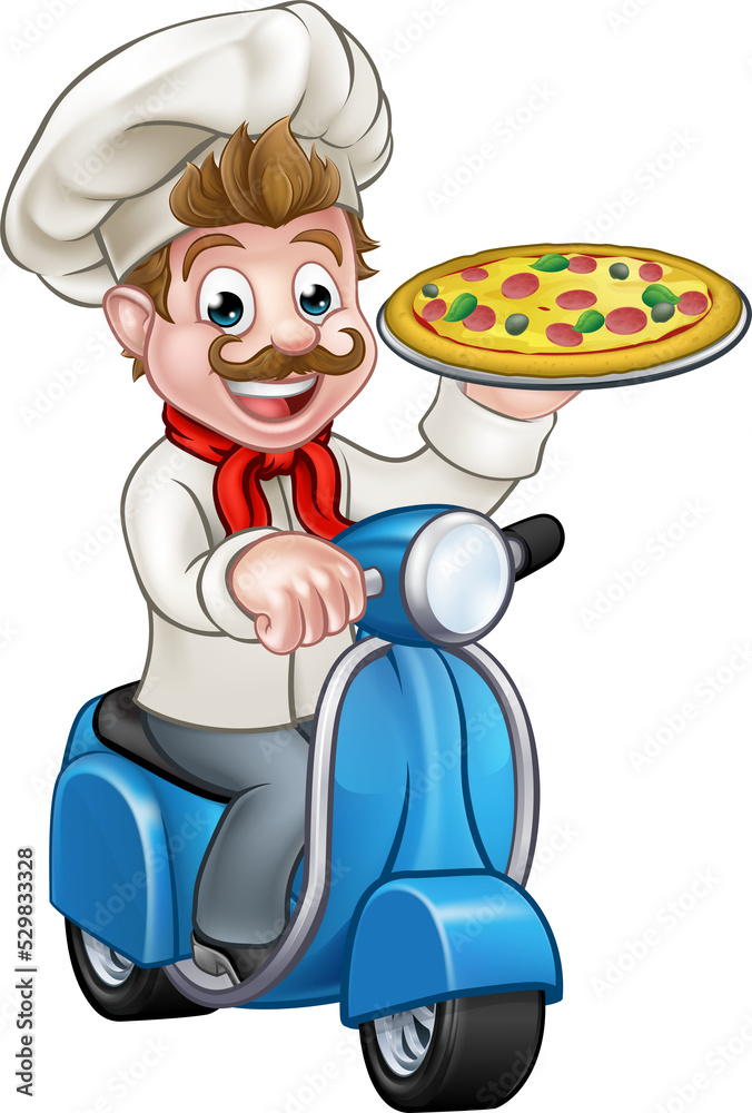 Cartoon Pizza Chef on Delivery Moped Scooter Cartoon Pizza Chef on Delivery Moped Scooter