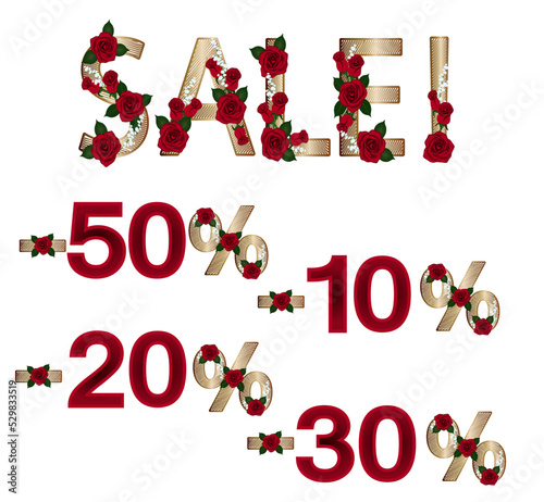 The text for the sale and the percentage signs, made of gold letters with red roses. Vector clip art. All part are editable