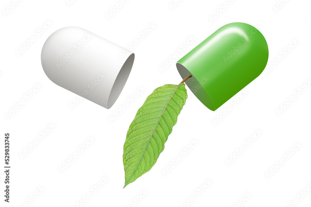 Kratom powder capsule with kratom leaf (Mitragyna speciosa) isolated on white background. Kratom powder capsule with kratom leaf (Mitragyna speciosa) isolated on white background.