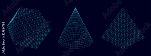 Set of lowpoly 3D geometric figures with glitch effect. Futuristic wireframe polygonal design. For your web-site or banner and etc. Vector illustration.